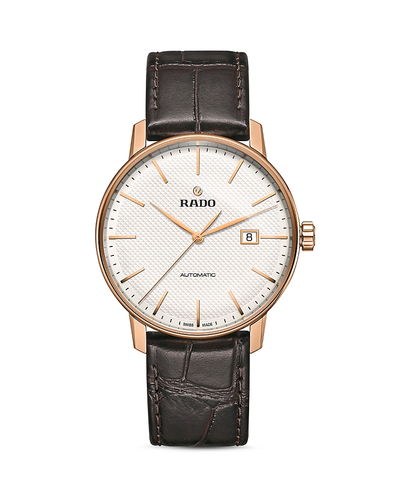 Rado R22877025 Coupole Classic Automatic Rose Gold-plated Stainless Steel And Leather Watch In White/dark Brown