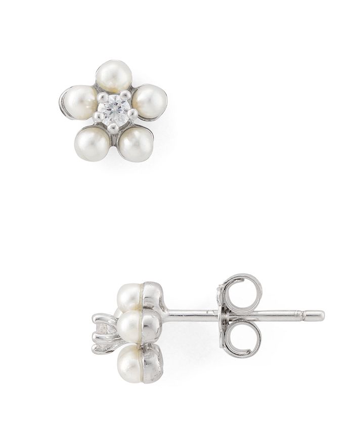 Aqua Simulated Pearl Flower Stud Earrings In Gold-plated Sterling Silver Or Sterling Silver - 100% Exclus In Silver/white