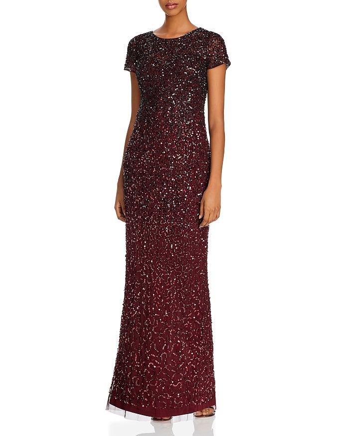 Adrianna Papell Beaded Ombre Gown In Dark Burgundy