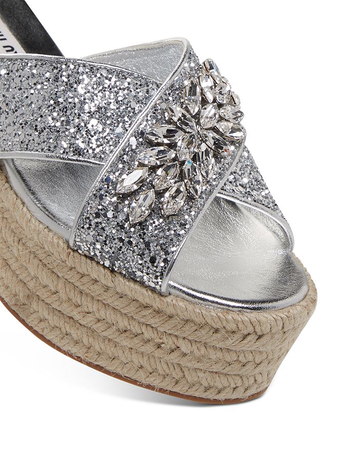 Miu Miu Women's Crystal Embellished Glitter Platform Sandals In Silver ...