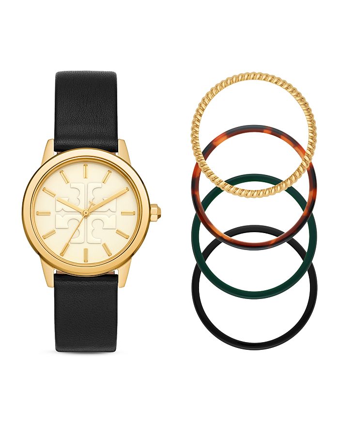 Tory Burch Gigi Watch Gift Set, Black Leather/multi-color/gold Tone, 36 Mm In Gold/black