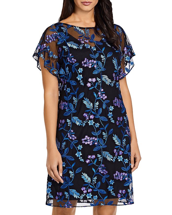 Adrianna Papell Floral Vine Embroidered Shift Dress In Purple Multi