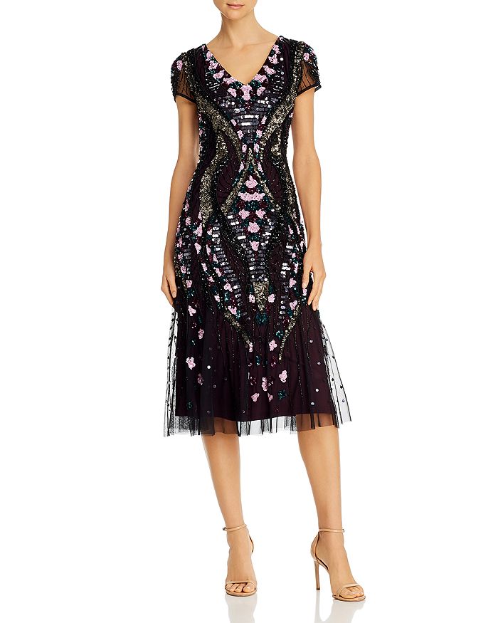 Adrianna Papell Embellished Midi Dress In Black/purple Multi