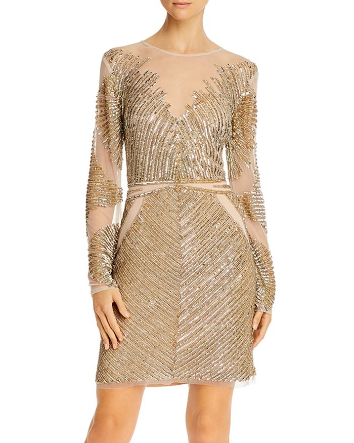 Aidan Mattox Aidan By  Embellished Long-sleeve Dress - 100% Exclusive In Light Gold
