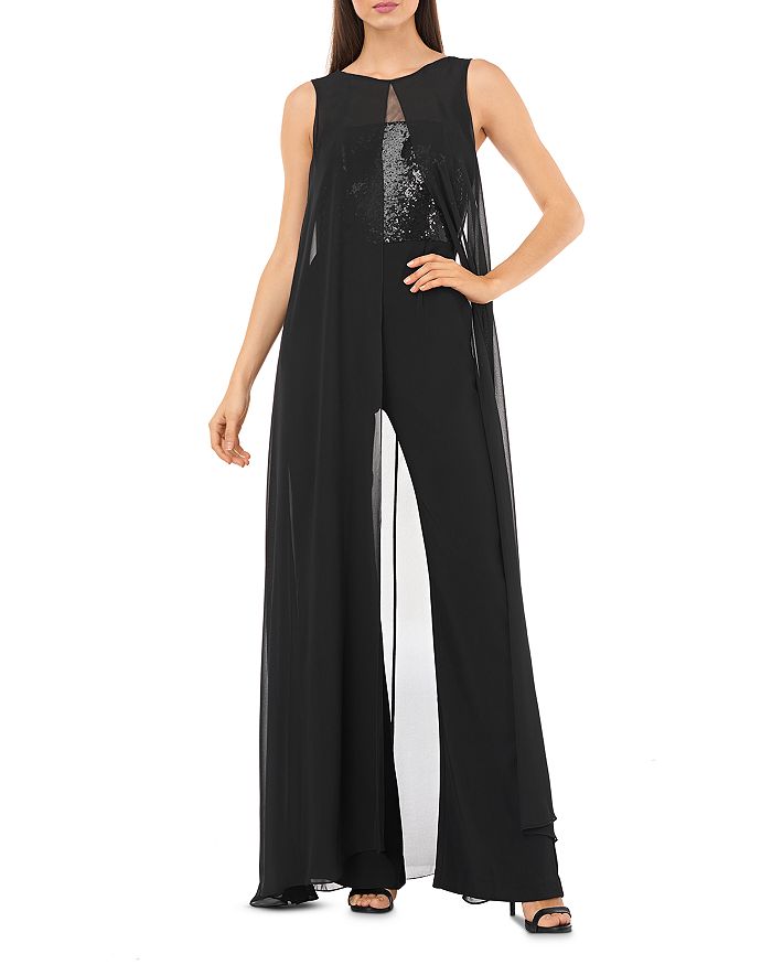 Carmen Marc Valvo Infusion Sequined Cape Overlay Jumpsuit