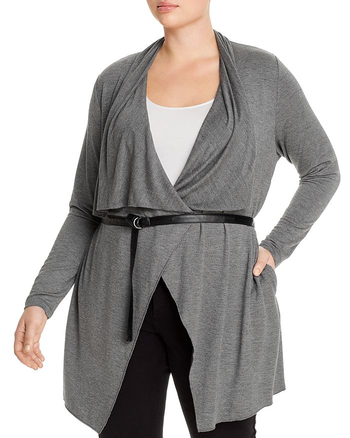 Marc New York Performance Plus Belted Drape-front Cardigan In Gray Heather