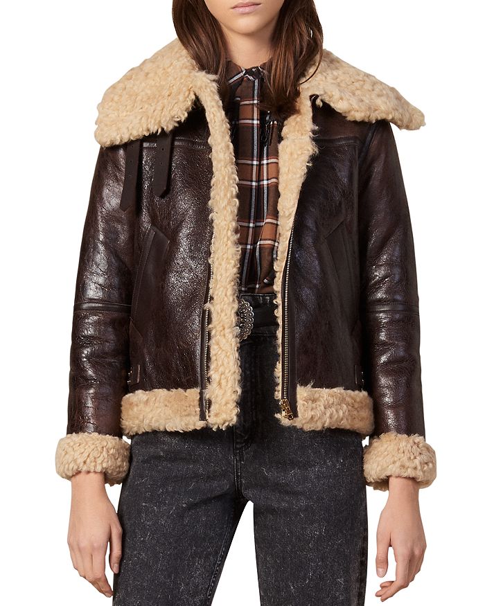 Sandro Good Real Sheep Shearling-Trimmed Leather Jacket | Bloomingdale's