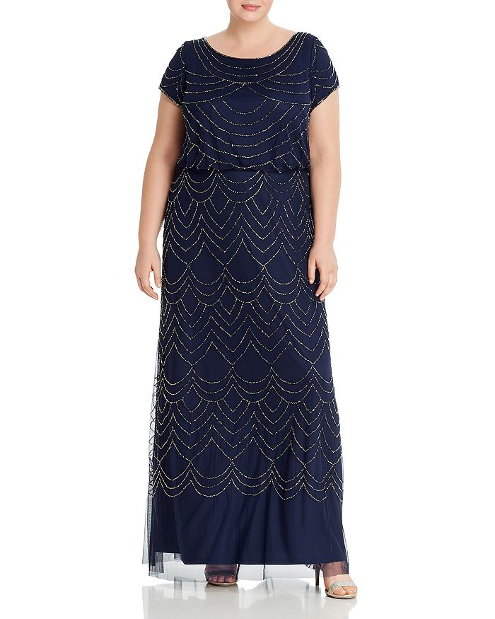 Adrianna Papell Plus Scalloped Beaded Blouson Gown In Navy