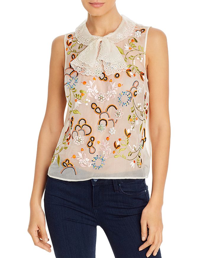 Tory Burch Embroidered Silk-organza Top In New Ivory