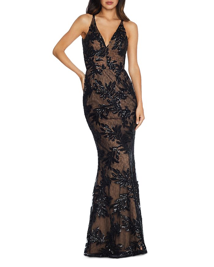 Dress The Population Sharon Floral-sequin Mermaid Gown In Black/nude