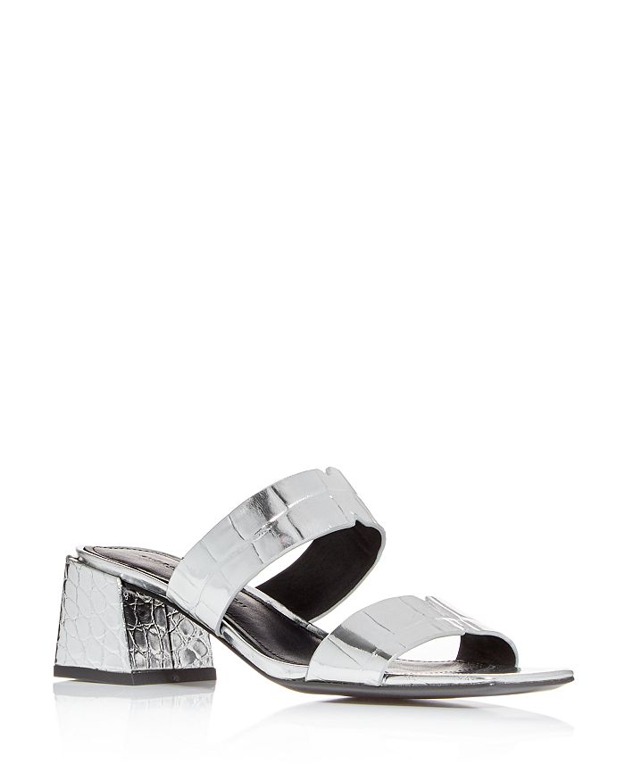 Sigerson Morrison Women's Elda Croc-embossed Block-heel Slide Sandals In Silver
