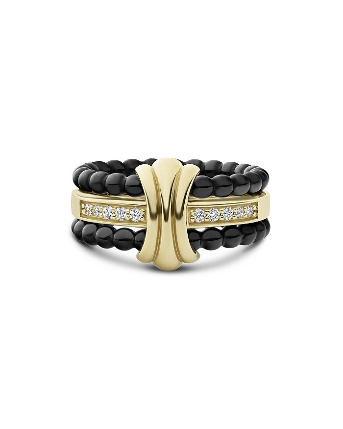 Shop Lagos 18k Yellow Gold & Ceramic Caviar Diamond Stack Ring In Gold/multi