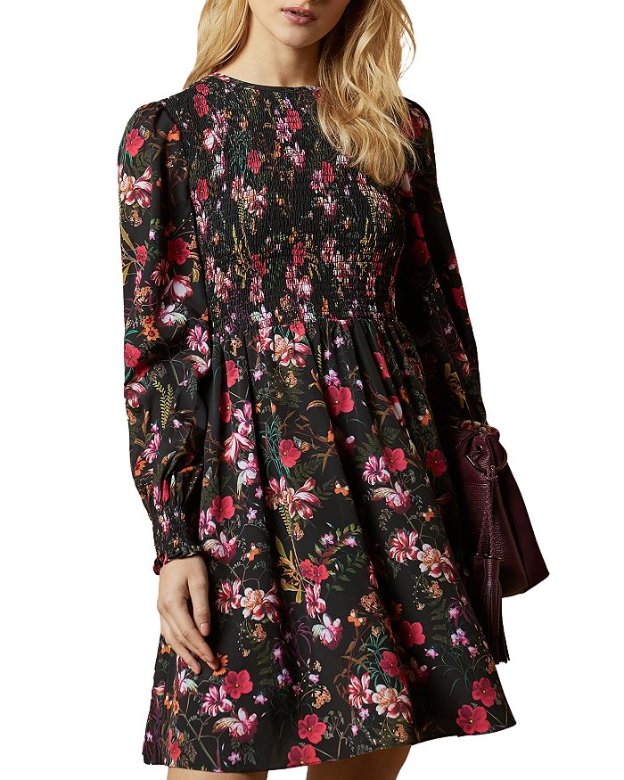 TED BAKER SMOCKED FLORAL PRINT MINI DRESS,242752-AERRIN-WMD