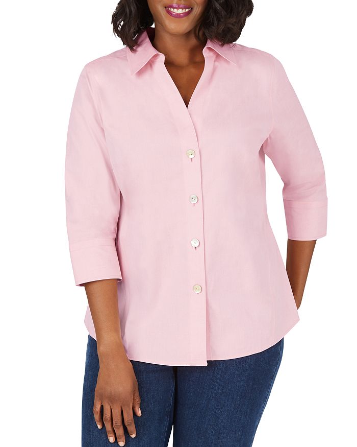 Foxcroft Plus Paityn Three-quarter Sleeve Poplin Shirt In Cabana Pink