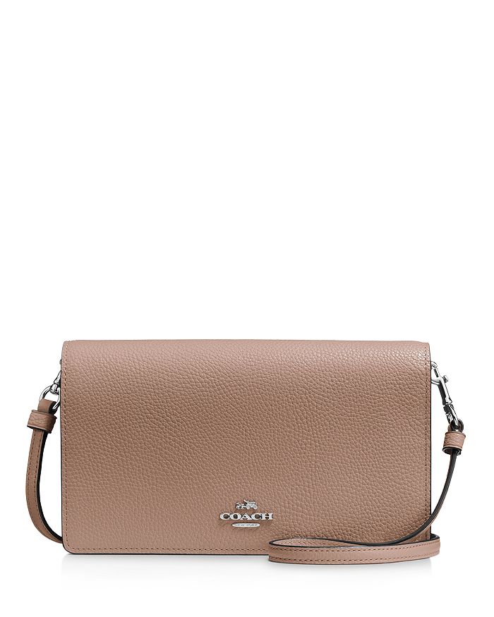 Coach Foldover Crossbody Clutch In Polished Pebble Leather In Taupe/silver