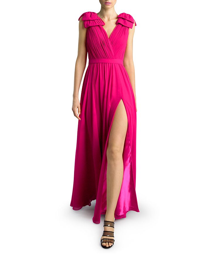 Basix Pleated Deep-v Gown In Watermelon