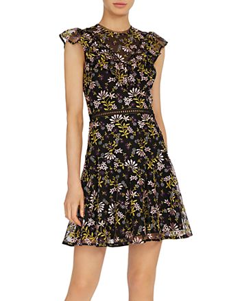 ML Monique Lhuillier Embroidered Fit-and-Flare Dress | Bloomingdale's