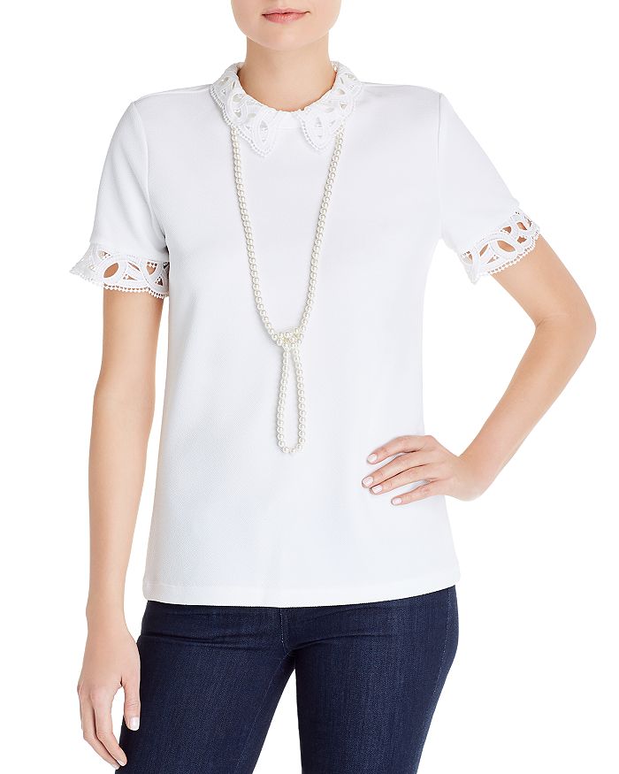 Karl Lagerfeld Lace-trim Short-sleeve Top In Soft White