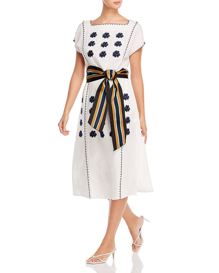 TORY BURCH FLORAL EMBROIDERED STRIPED-BELT MIDI DRESS,58309