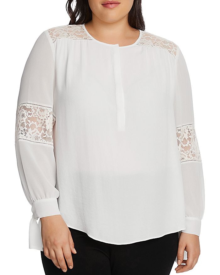 Vince Camuto Plus Lace Detail Tie-cuff Top In Pearl Ivory