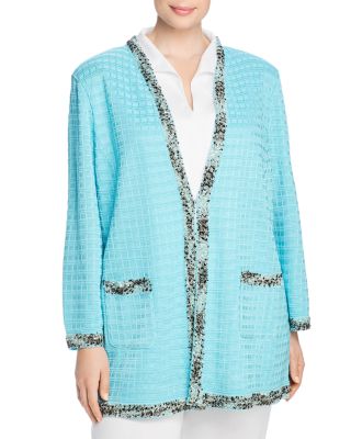 Ribbon-Fringe Trim Check-Knit Jacket 