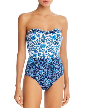 Tommy Bahama Woodblock Printed Ruffled Bandeau One Piece