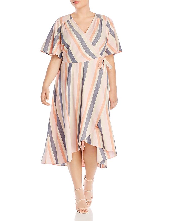 B Collection By Bobeau Curvy Orna Striped Wrap Dress In Pink/orange Stripe
