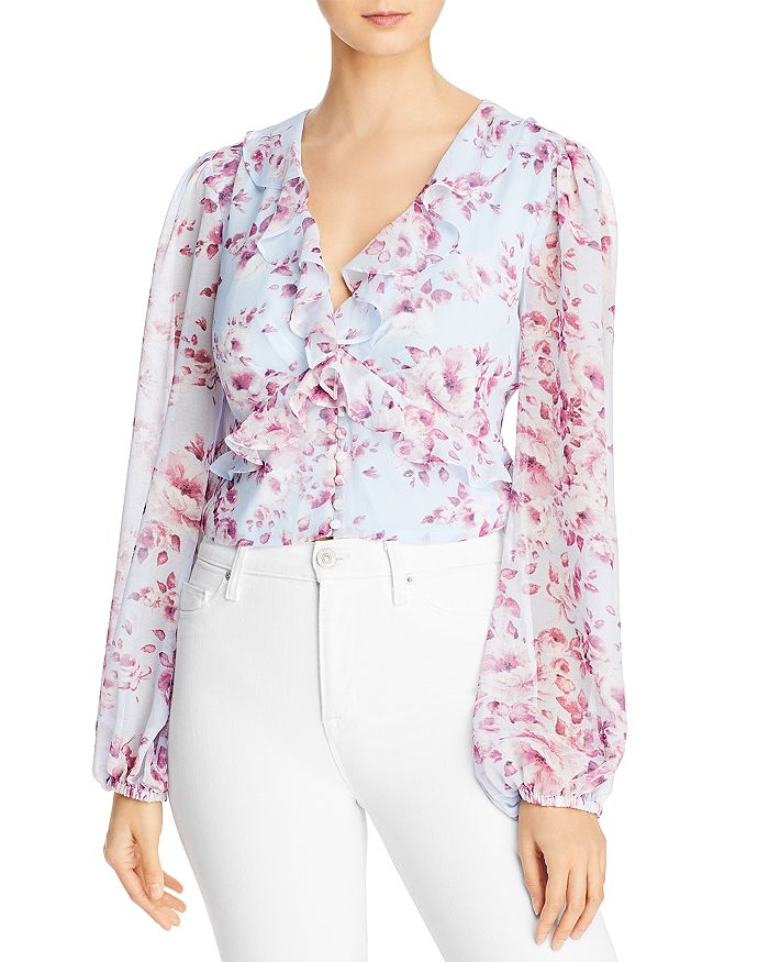 Bardot Nelly Long-sleeve Top In Sky Blue Floral