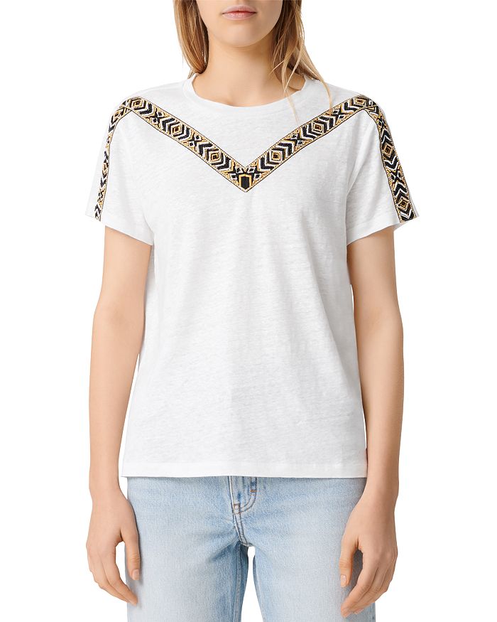 MAJE TOBLO EMBROIDERED LINEN T-SHIRT,MFPTS00313
