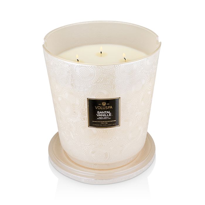 Voluspa Santal Vanille Hearth Embossed Glass 5-wick Glass Candle With Lid 123 Oz. In Cream