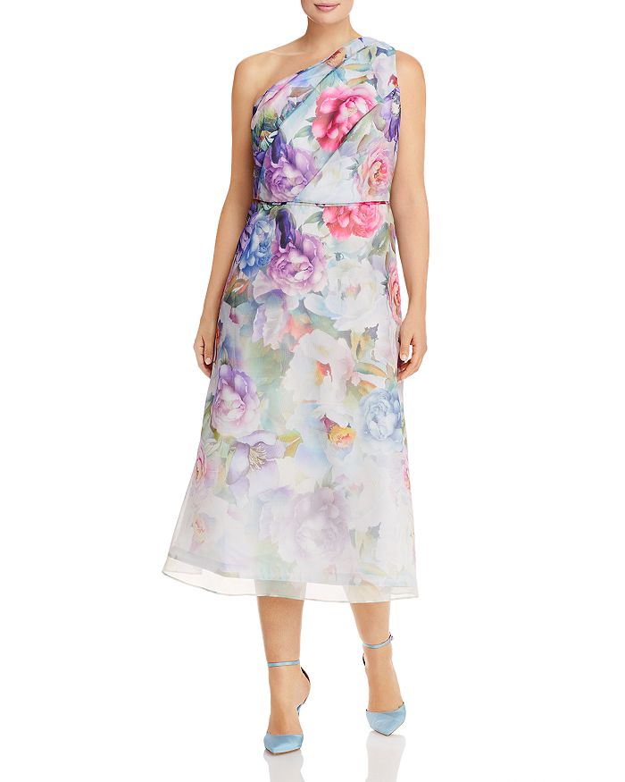 Adrianna Papell Plus One-shoulder Floral Print Organza Dress In Ivory Multi