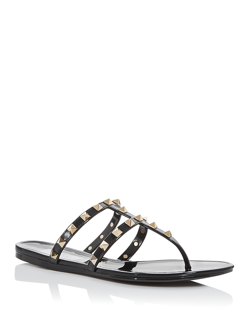 Valentino Rockstud T-strap Flat Slide Sandals In Black/gold