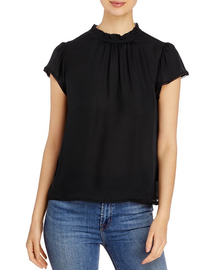 Go By Go Silk Ruffle Neck Cap-sleeve Silk Top In Washed Black