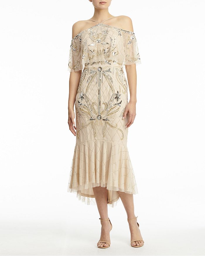 Aidan Mattox Sequined Off-the-shoulder Dress In Champagne