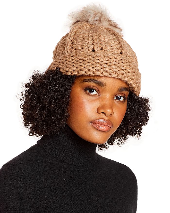 Hand Knit Hat With Faux Fur Pom Pom Alpaca Wool Hat Chunky 
