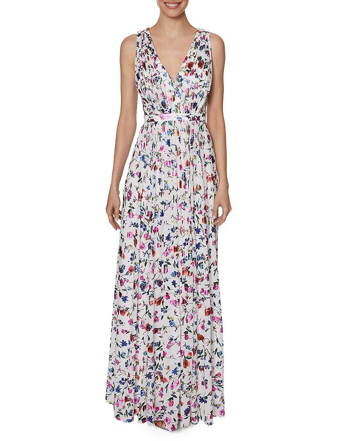 Laundry By Shelli Segal Floral Print Pleated Gown In White Multi