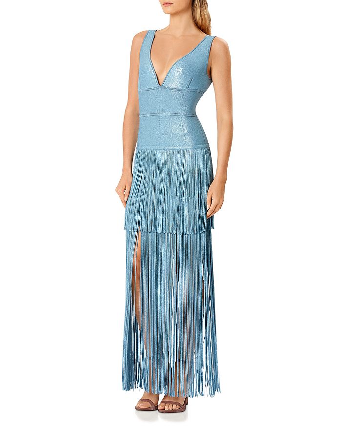 herve leger draped fringe deep square neck gown