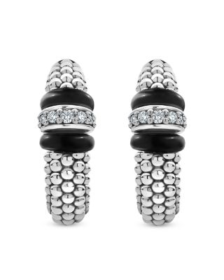 Sterling Silver Black Caviar Diamond & Black Ceramic Hoop Earrings