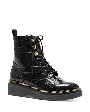 Michael Michael Kors Women's Haskell Platform Combat Boots In Black Croc Embossed Leather