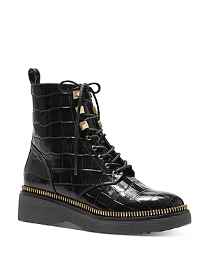 Michael Michael Kors Women's Haskell Platform Combat Boots In Black Croc Embossed Leather | ModeSens