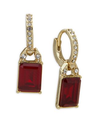 Ralph Lauren - Red Stone Charm Pav&eacute; Huggie Hoop Earrings in Gold Tone