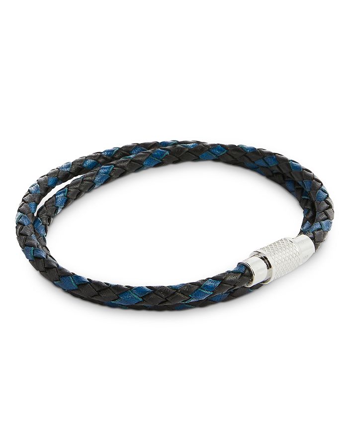 Mens Boys Denim Blue Braided Leather Bracelets, with Sliding Steel Clasp
