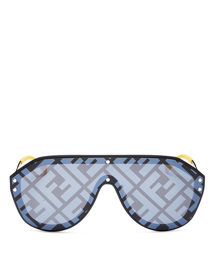 Fendi Unisex Logo Print Shield Sunglasses 99mm In Black Yellow/gray Mirror Gradient