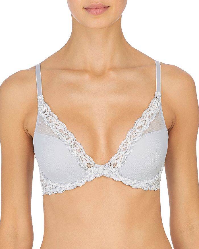 Natori Feathers Contour Plunge Lace-trim Bra 730023 In Platinum/nimbus