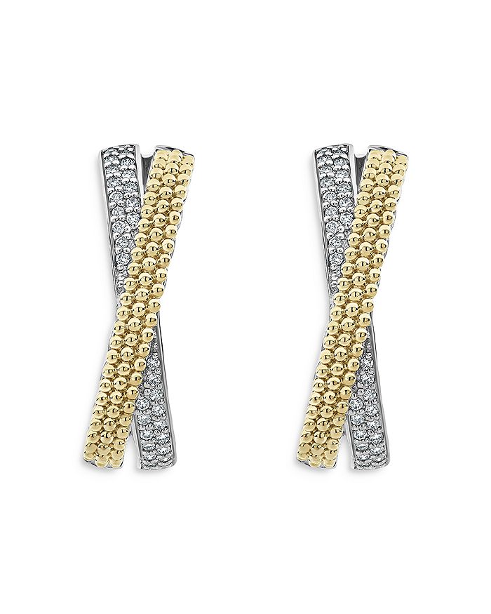 Lagos Sterling Silver & 18k Yellow Gold Caviar Lux Diamond Hoop Earrings In Silver
