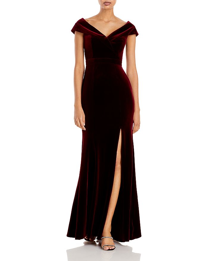 AQUA - Off-the-Shoulder Fluted Velvet Gown - 100% Exclusive