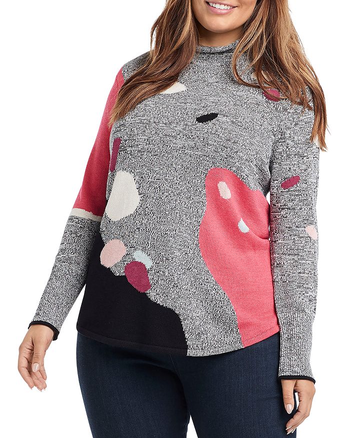 Nic And Zoe Plus Nic + Zoe Plus Abstract Intarsia Sweater In Pink Multi