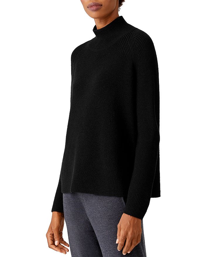 Eileen Fisher Raglan Sleeve Merino Wool Turtleneck Sweater In Black