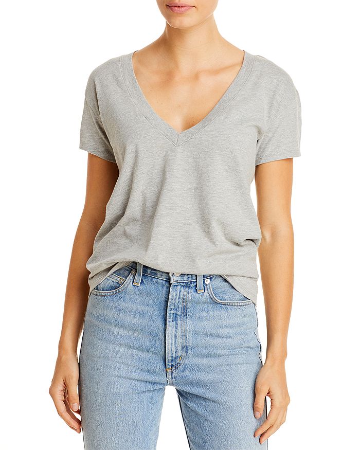 Good American V-neck Cotton Tee In Heather Gray