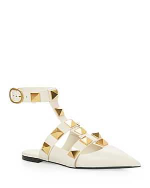 Valentino Roman Stud Backless Leather Flats In Light Ivory